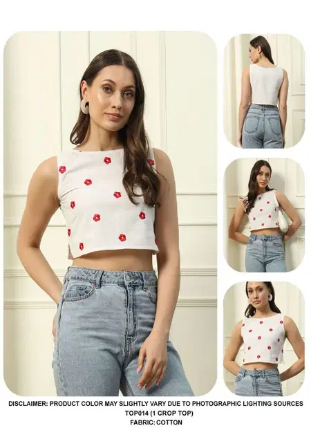 TOP014 White Multi Cotton Wholesale Western Ladies Crop Top In India